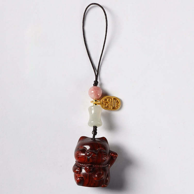 Small Leaf Red Sandalwood Green Sandalwood Sandalwood Lucky Cat Protection Key Chain Phone Hanging Decoration