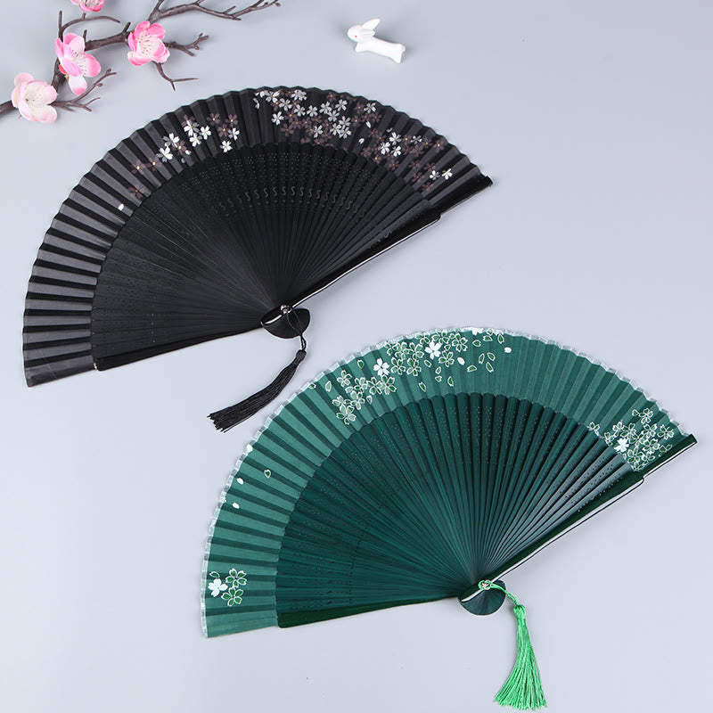Cherry Blossom Sakura Camellia Handheld Silk Bamboo Folding Fan 21cm