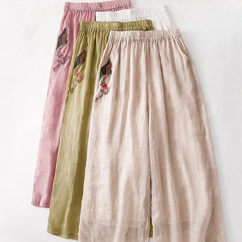 Summer Embroidery Double Layer Cotton Linen Women's Wide Leg Pants With Pockets