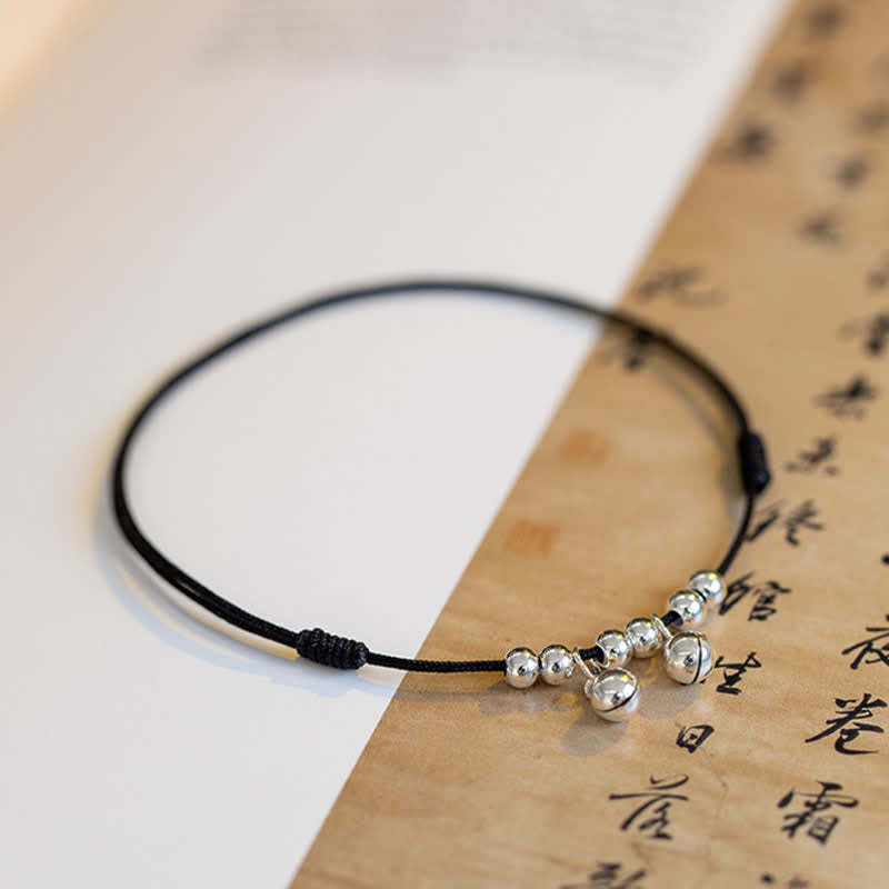 925 Sterling Silver Red String Braid Bell Charm Anklet