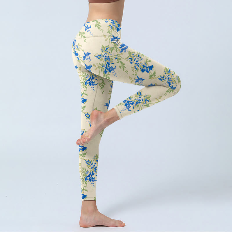 Casual Dark Blue Flower Leaves Print Gym Fitness Leggings Women's Yoga Pants