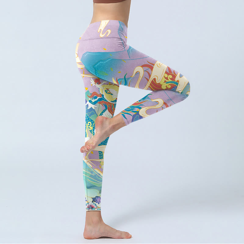 Purple Dragon Auspicious Clouds Print Gym Leggings Women's Yoga Pants