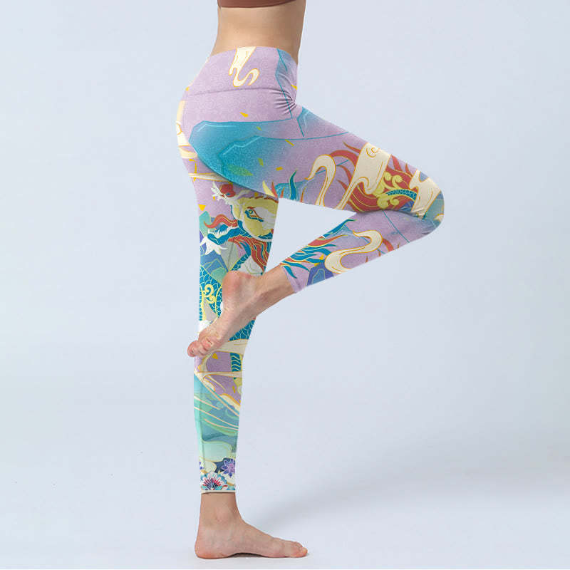 Purple Dragon Auspicious Clouds Print Gym Leggings Women's Yoga Pants