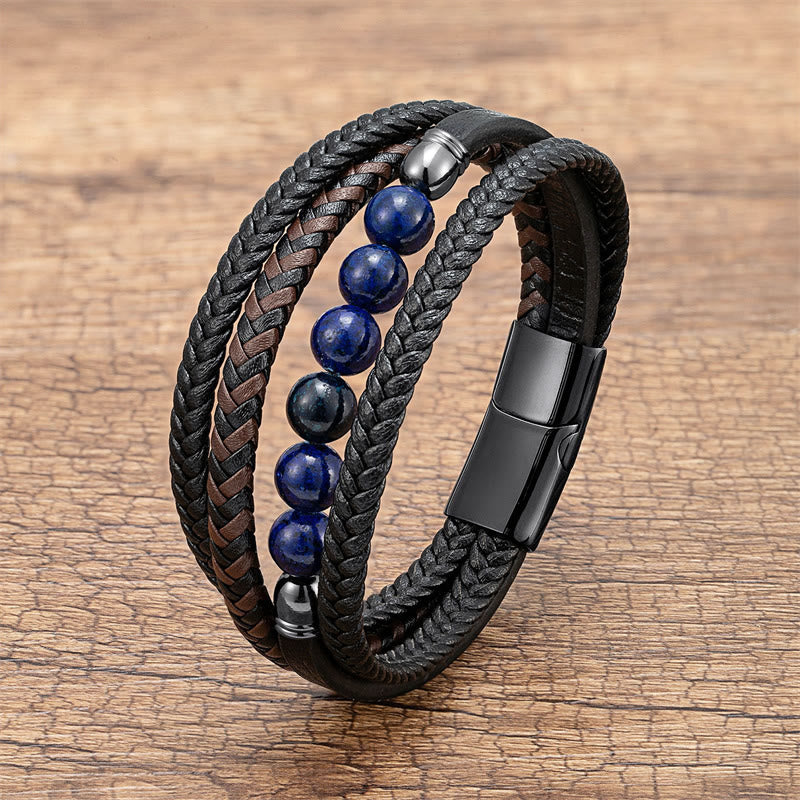 Tiger Eye Lava Rock Black Onyx Lazurite Hematite Bead Positive Leather Bracelet