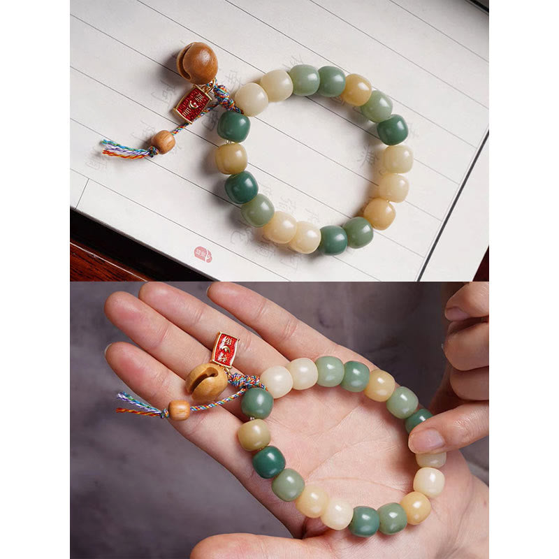 Natural Gradient Bodhi Seed Wisdom Wooden Fish Drum Charm Bracelet