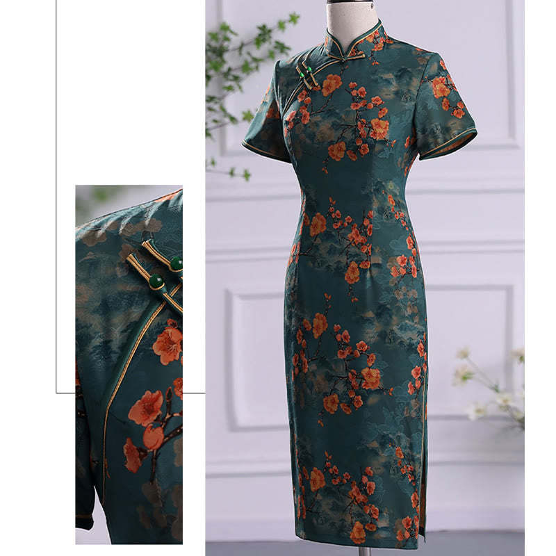Retro Flower Lotus Peony Feather Print Qipao Dress Women's Cheongsam Dress