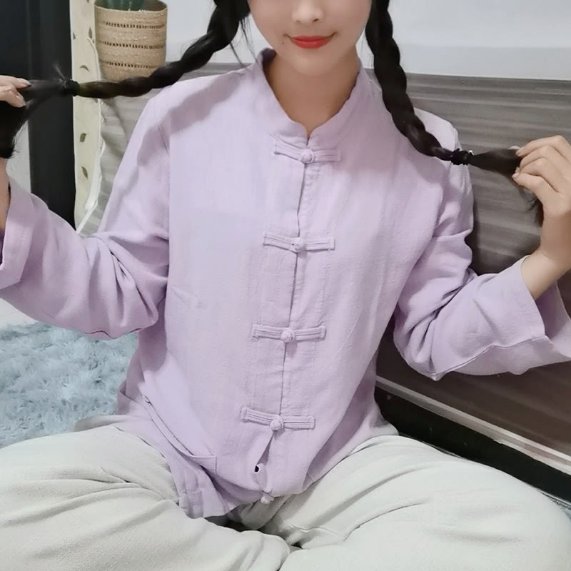 Solid Color Frog-button Long Sleeve Cotton Linen Women's Shirts With Pockets