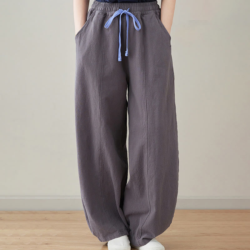 Casual Plain Loose Rope Women's Cotton Linen Pants With Pockets