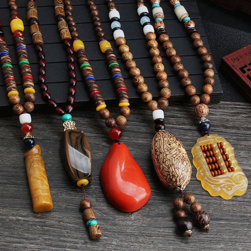 Tibetan Wenge Wood Bodhi Seed Agate Balance Peace Necklace Pendant