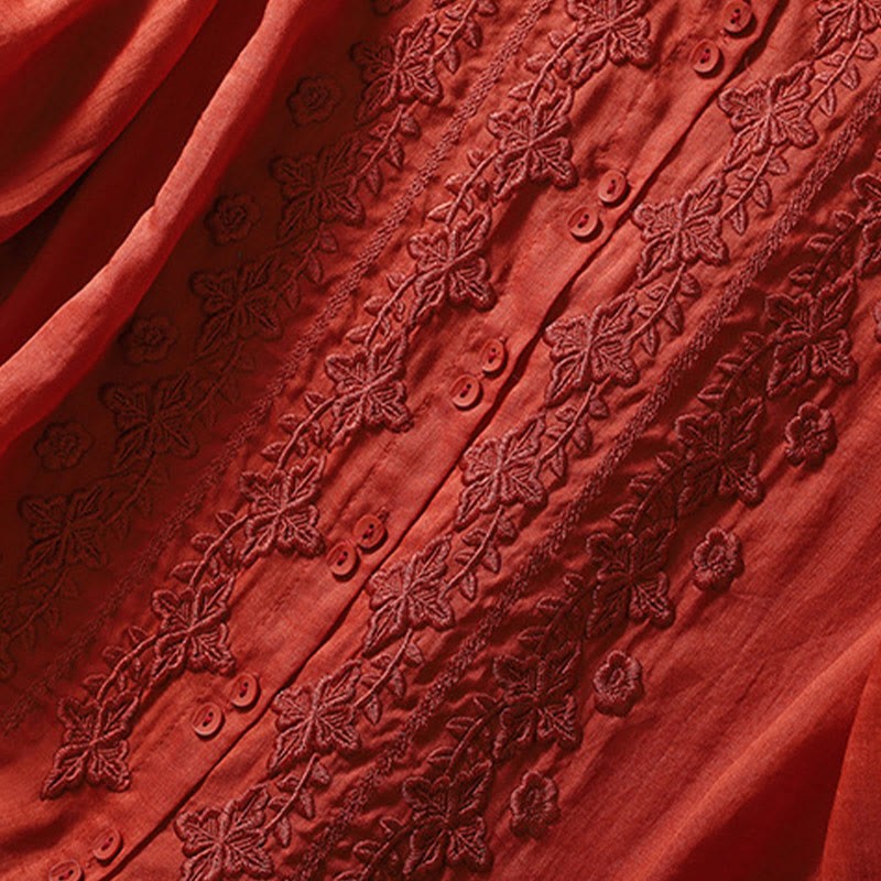 Summer Plain Button Embroidery Flower Pattern Three Quarter Sleeve Lapel Cotton Linen Women's Shirt