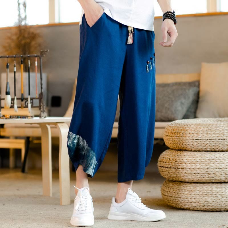 Patchwork Design Drawstring Cotton Men's Cropped Pants With Pockets