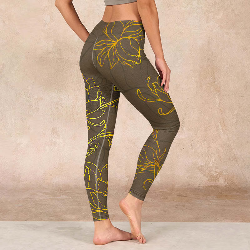 Yellowish Brown Lotus Flower Lotus Leaf Print Gym Leggings Women's Yoga Pants