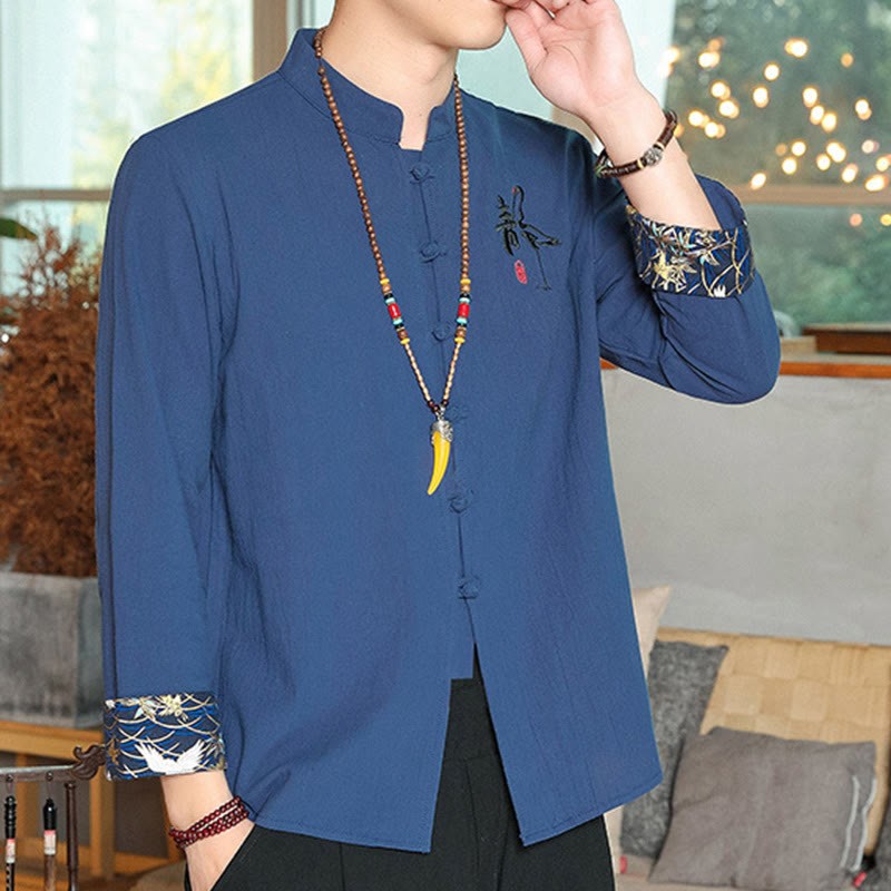 Fall Solid Long Sleeve Frog-Button Shirt Linen Men Zen Clothing