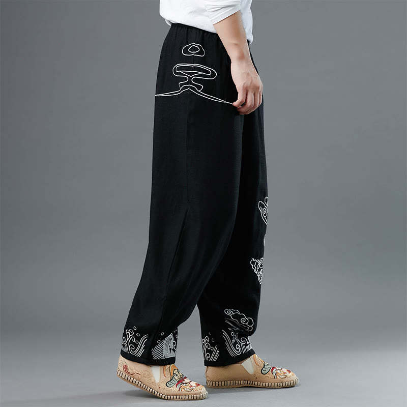 Clouds Elastic Waist Ethnic Cotton Men's Pants With Pockets