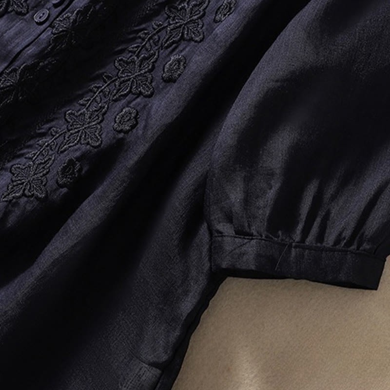 Summer Plain Button Embroidery Flower Pattern Three Quarter Sleeve Lapel Cotton Linen Women's Shirt