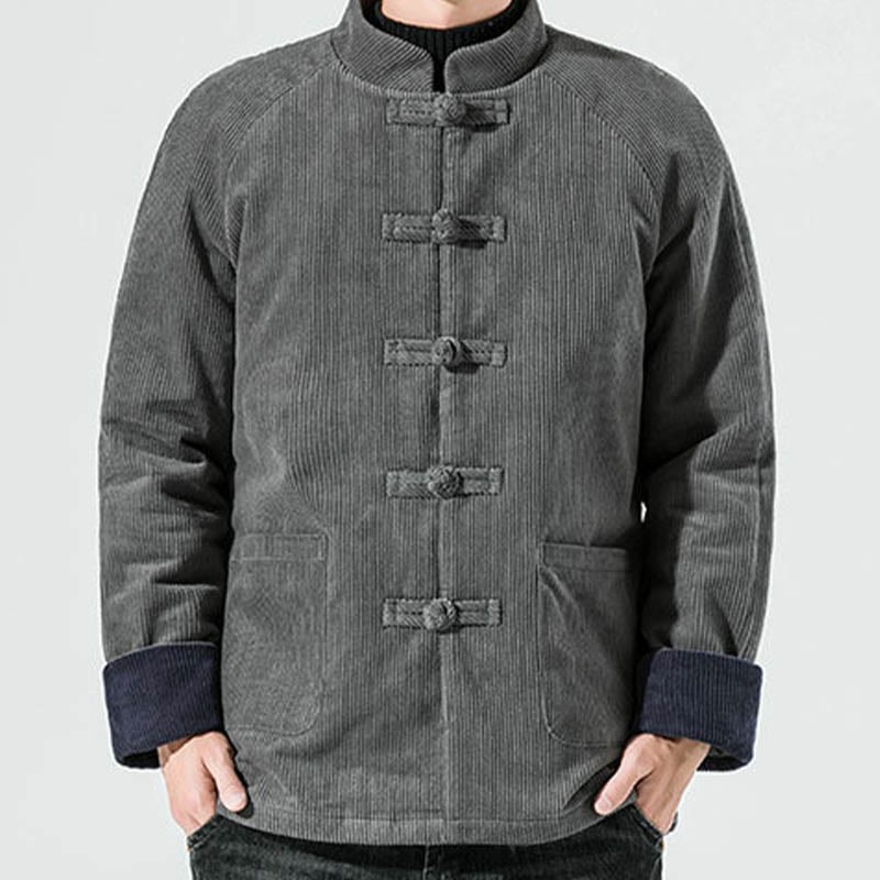 Frog-Button Chinese Tang Suit Stand Collar Long Shirt Corduroy Men Cotton Jacket Clothing