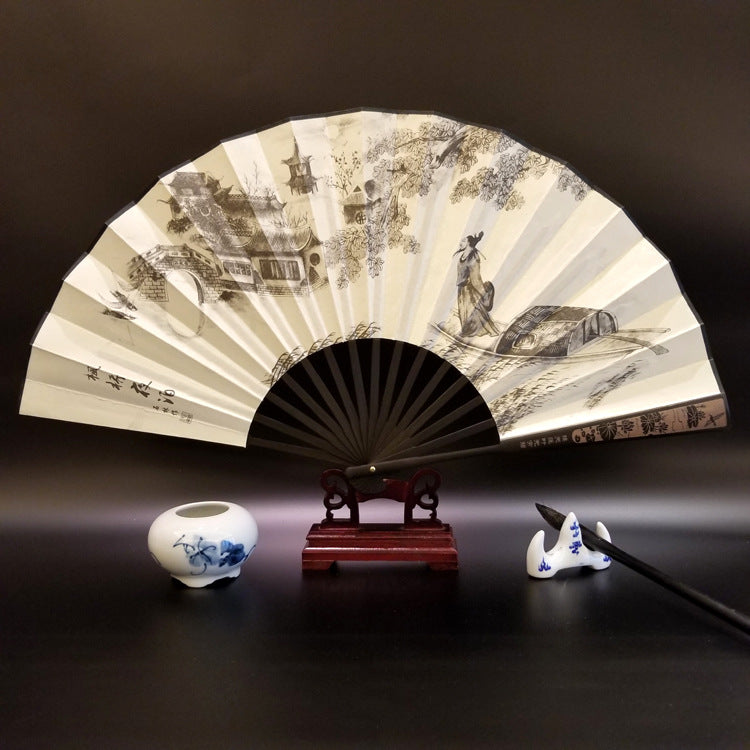 Great Wall Mountains Trees Crane Bamboo Handheld Bamboo Folding Fan 33.5cm