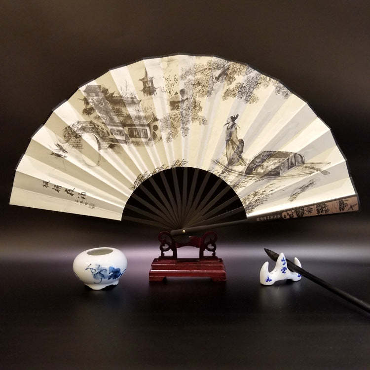 Great Wall Mountains Trees Crane Bamboo Handheld Bamboo Folding Fan 33.5cm
