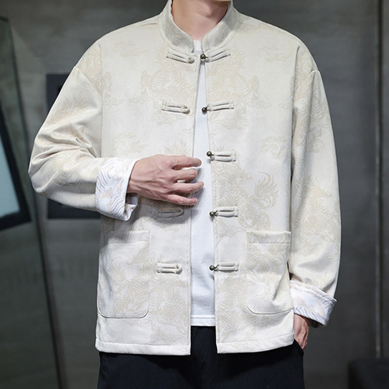 Chinese New Year Kirin Print Frog-button Tang Suit Men's Jacket Shirt With Pockets