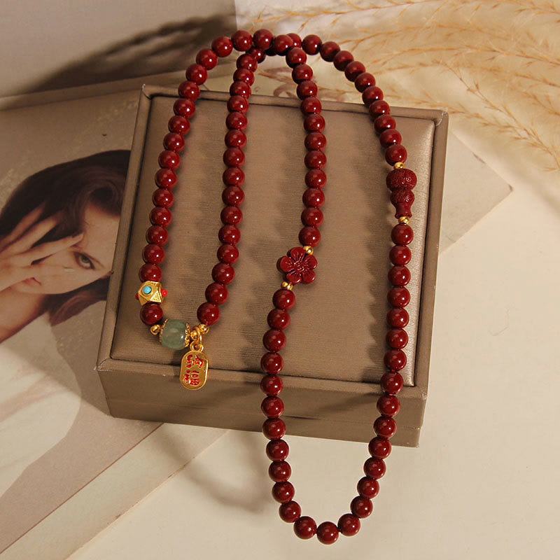 Cinnabar Fu Character Flower Gourd Triple Wrap Blessing Bracelet