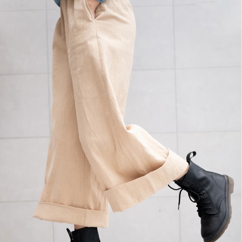 Casual Plain Loose Women's Ramie Wide Leg Pants With Pockets