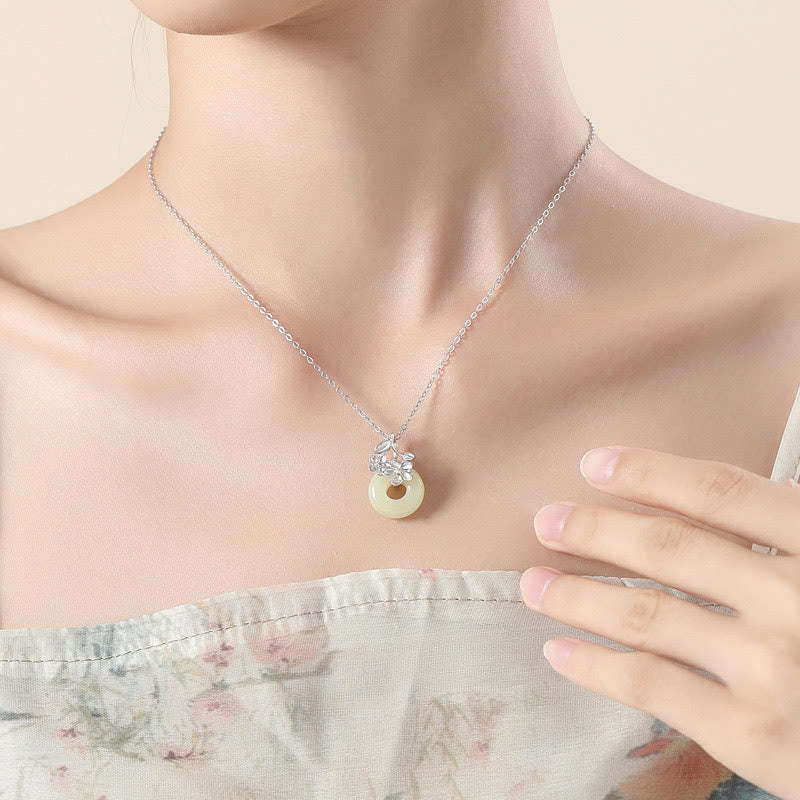 Hetian Jade 999 Sterling Silver Peace Buckle Peach Blossom Necklace Pendant