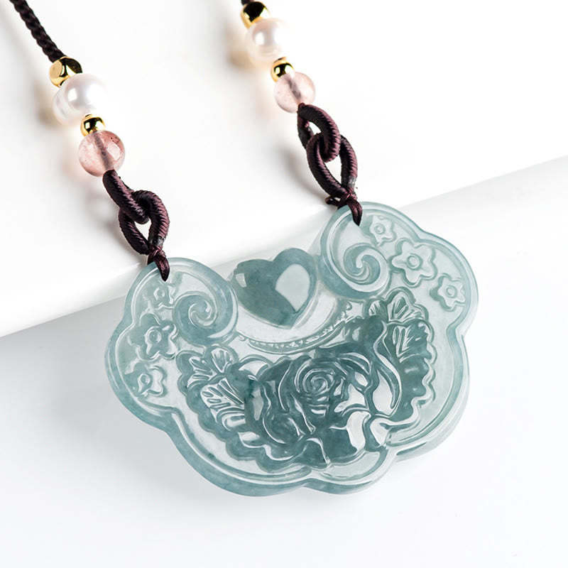 Natural Jade Peony Flower Lock of Good Wishes Prosperity Necklace Pendant