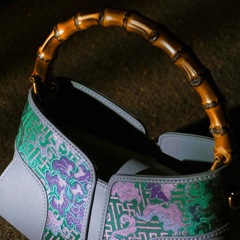 Retro Peony Branches Bamboo Handle Song Brocade Xiangyunsha Silk Crossbody Bag Hangbags