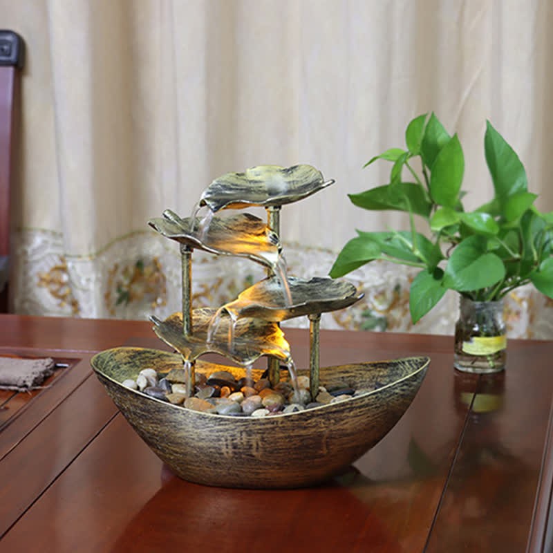 Lotus Leaf Shaped Waterfall Fountain Tabletop Ornaments With LED Light Home Office Desktop Decoration