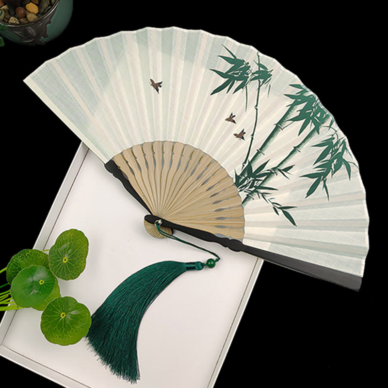 Bamboo Koi Fish Crane Handheld Cotton Linen Folding Fan
