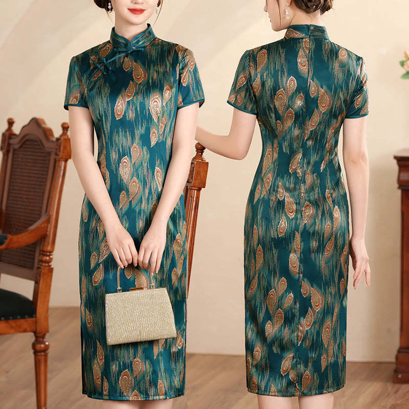 Retro Flower Lotus Peony Feather Print Qipao Dress Women's Cheongsam Dress