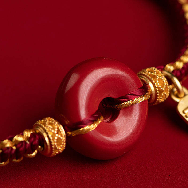 Natural Cinnabar Peace Buckle Fu Character Charm Blessing Braided Bracelet