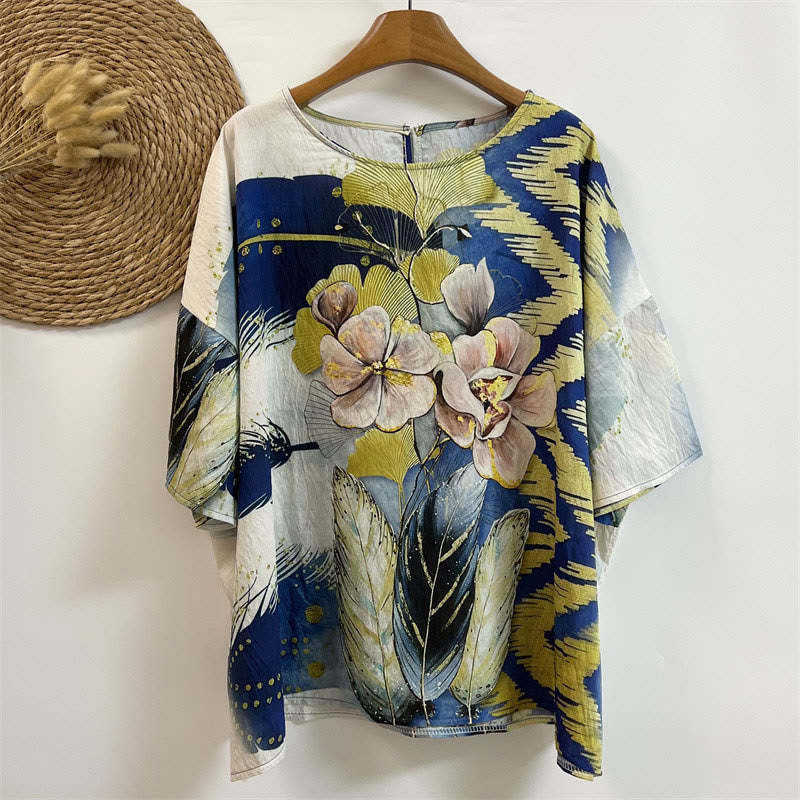 Casual Flower Leaves Feather Women's Crew Neck Design Half Sleeve Polyester T-shirt