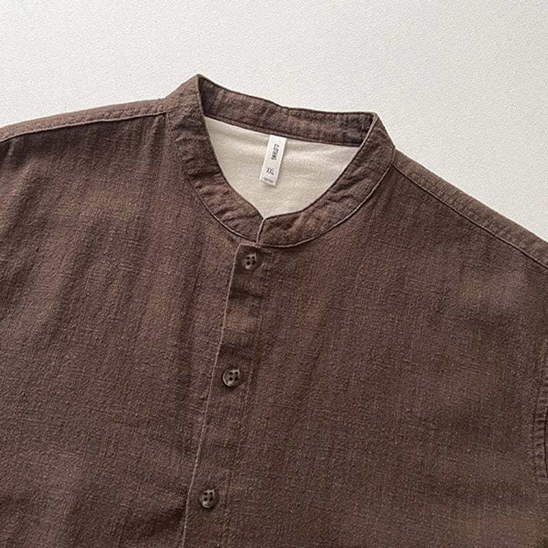 Casual Solid Color Ramie Linen Cotton Men's Shirt With Pockets