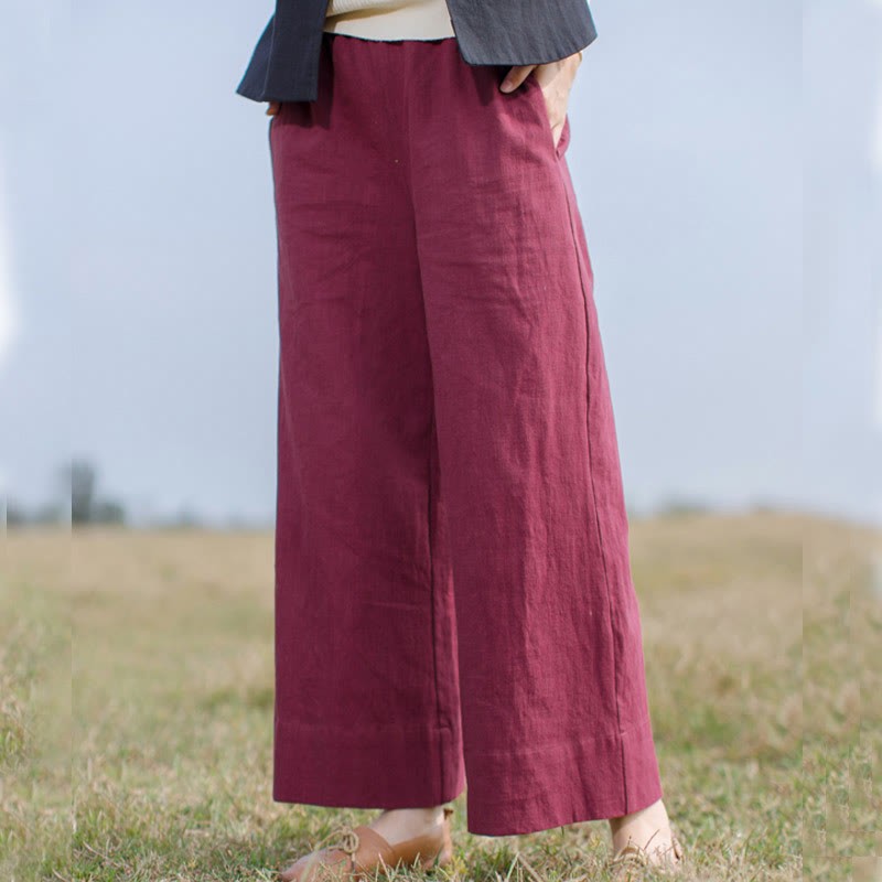 Casual Plain Loose Women's Ramie Wide Leg Pants With Pockets