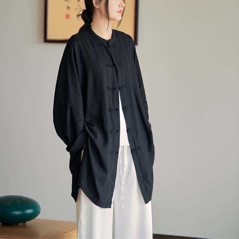 Plain Frog-Button Design Shirt Zen Tai Chi Meditation Top Clothing Cotton Linen Jacket