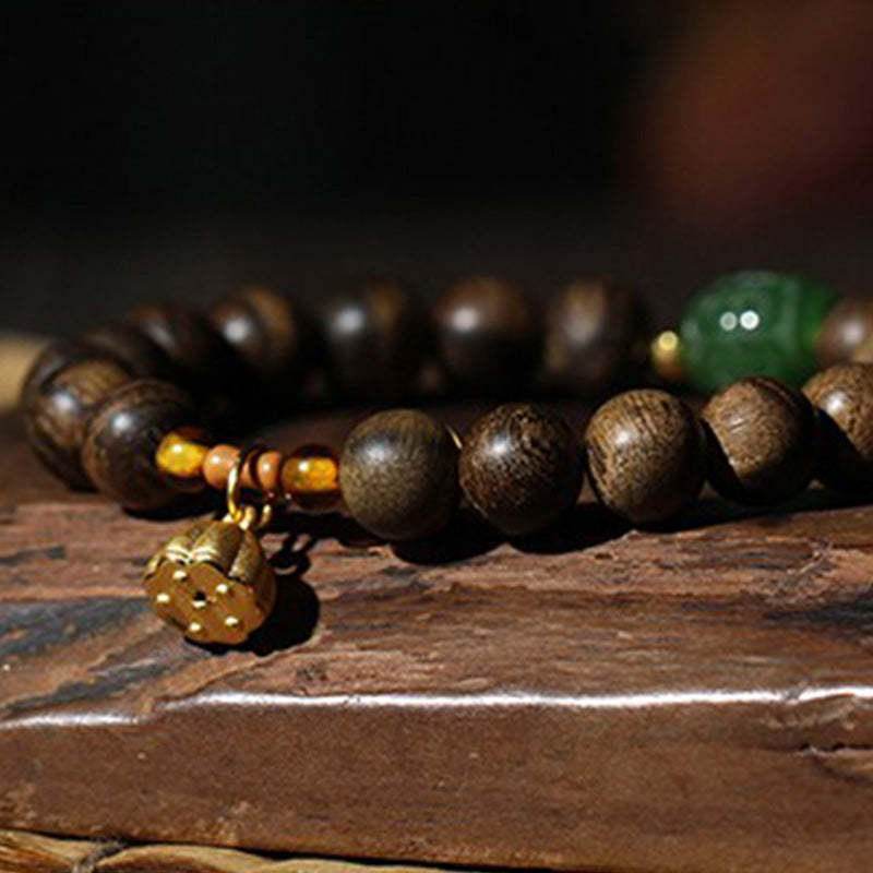 999 Gold Brunei Agarwood Cyan Jade Lotus Flower Peace Strength Bracelet