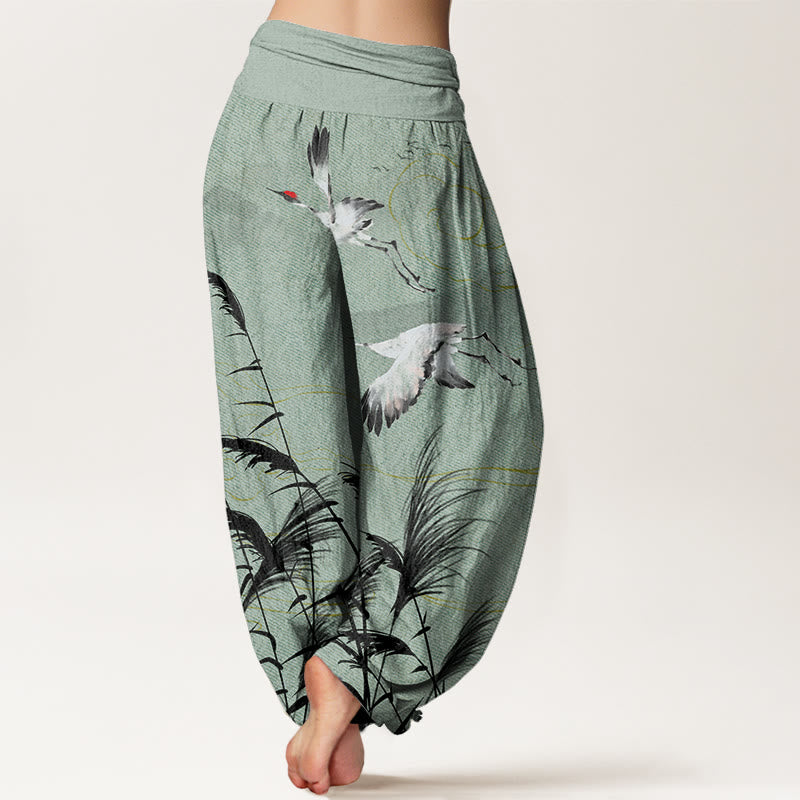 Flying Crane Auspicious Clouds Wild Grasses Mountain Pattern Women's Elastic Waist Harem Pants