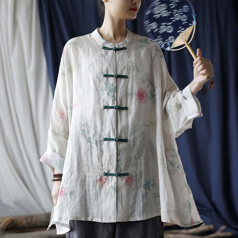 White Red Flowers Green Leaves Frog-Button Long Sleeve Ramie Linen Jacket Shirt