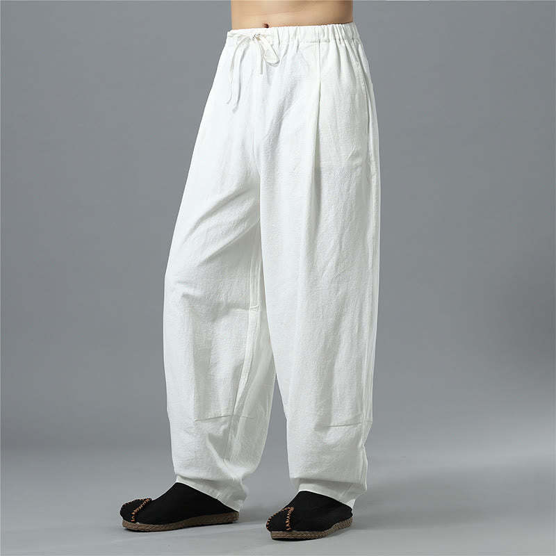 Casual Solid Color Drawstring Cotton Linen Men's Pants With Pockets