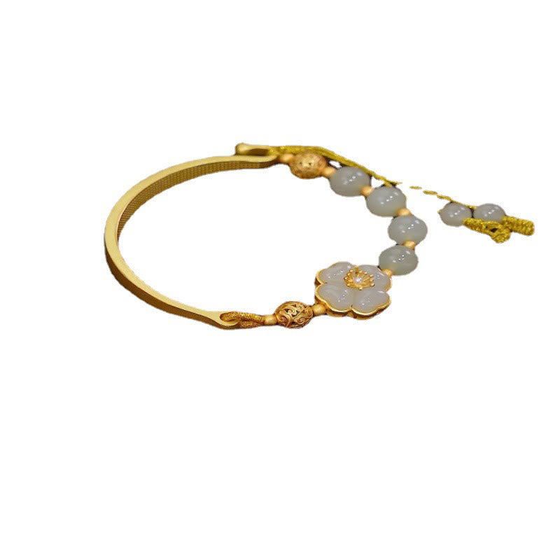 Hetian Jade 925 Sterling Silver Flower Luck Cuff Half Bracelet Bangle