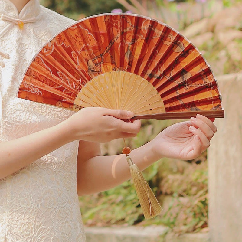 Flower Persimmon Bamboo Leaves Xiangyunsha Silk Handheld Bamboo Folding Fan