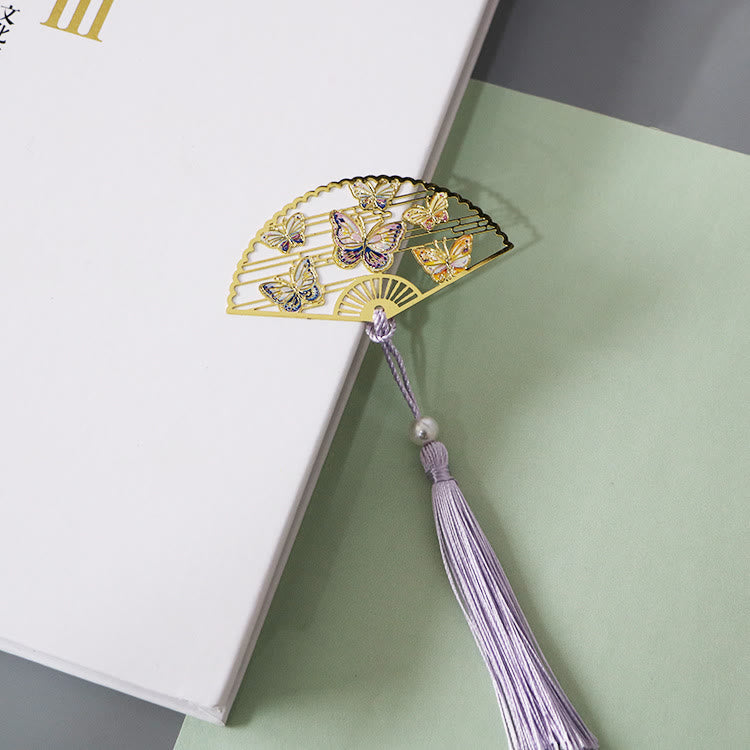 Traditional Butterfly Lotus Flower Crane Dragon Phoenix Fox Koi Fish New Beginning Metal Brass Hollow Fan Bookmarks