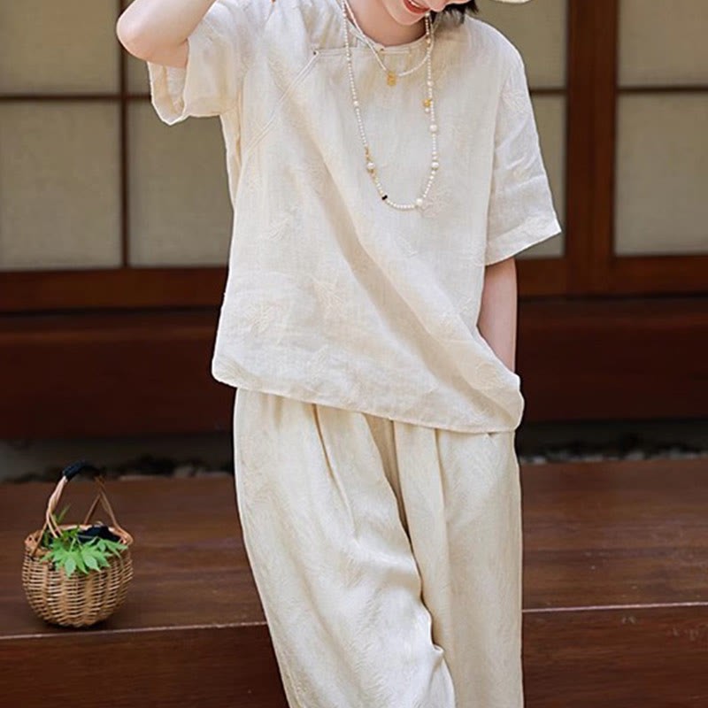 Ramie Linen Loose Blouse Short Sleeve Shirt Chinese Style Top