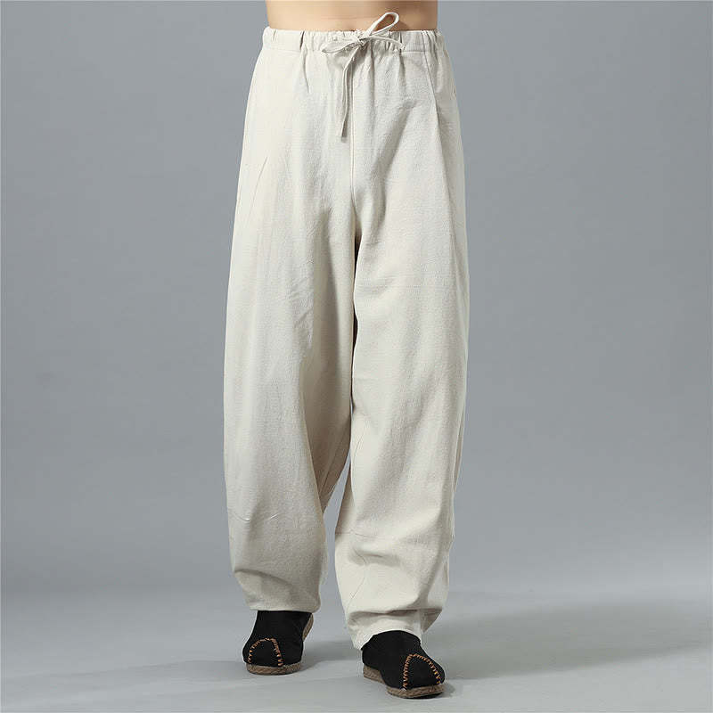 Casual Solid Color Drawstring Cotton Linen Men's Pants With Pockets