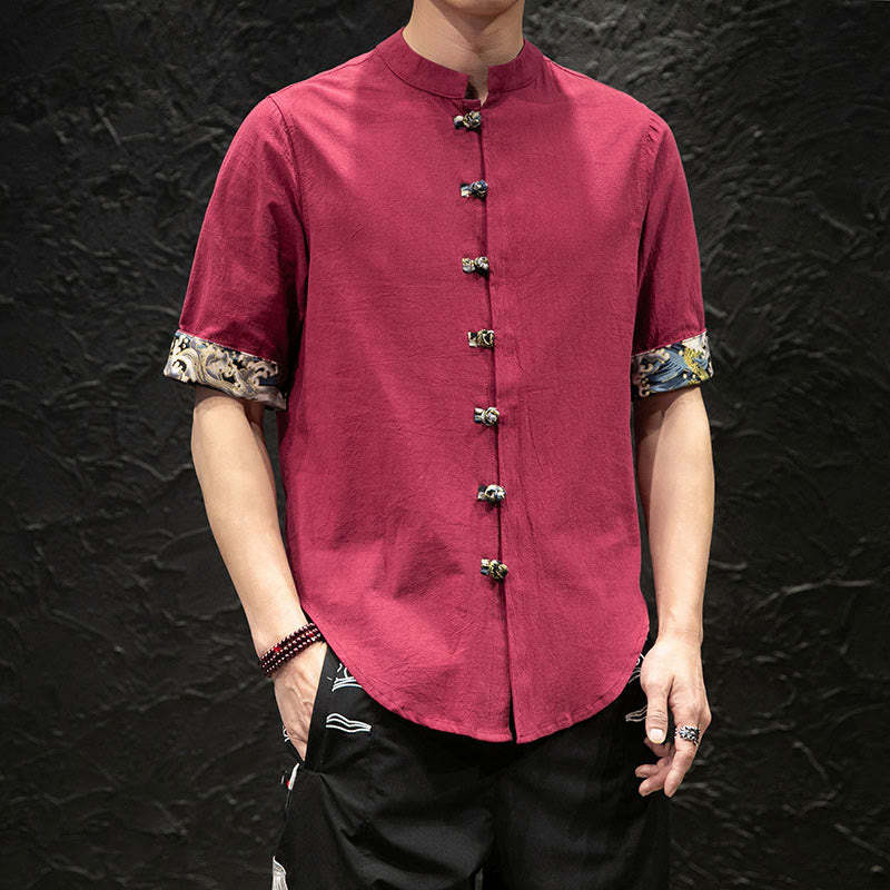 Men's Frog-Button Colorblock Dragon Waves Half Sleeve Shirt
