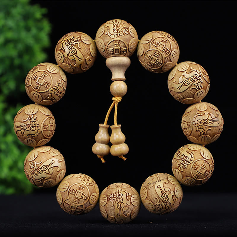 Chinese Zodiac Rosewood Ebony Boxwood Copper Coin PiXiu Carved Warmth Bracelet