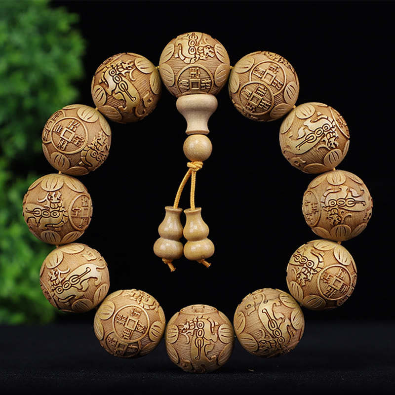 Chinese Zodiac Rosewood Ebony Boxwood Copper Coin PiXiu Carved Warmth Bracelet