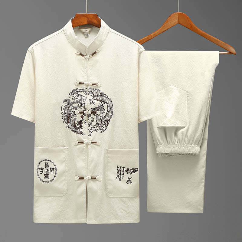 Dragon Fu Character Tang Suit Traditional Short Sleeve Shirt Wide Leg Pants Clothing Men's Set