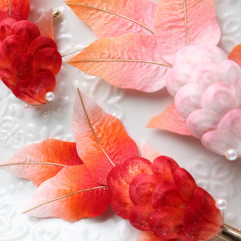Handmade Yangzhou Velvet Flower Mulberry Silk Red Koi Fish Leaves Brooch Hair Clip